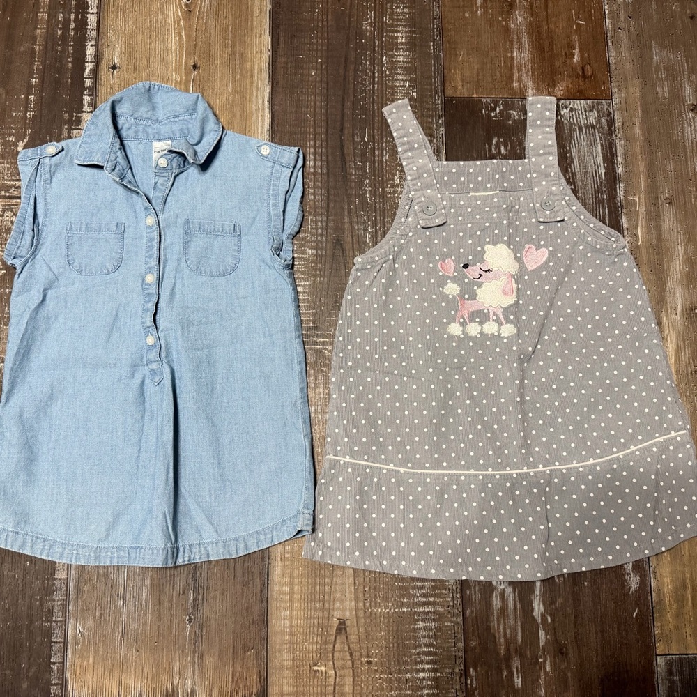 Girls Denim Tunic & Gray Polka Dot Pinafore Dress Set